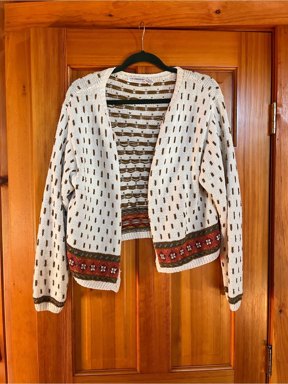 Open-Front Cream Patterned Knit Cardigan Sweater